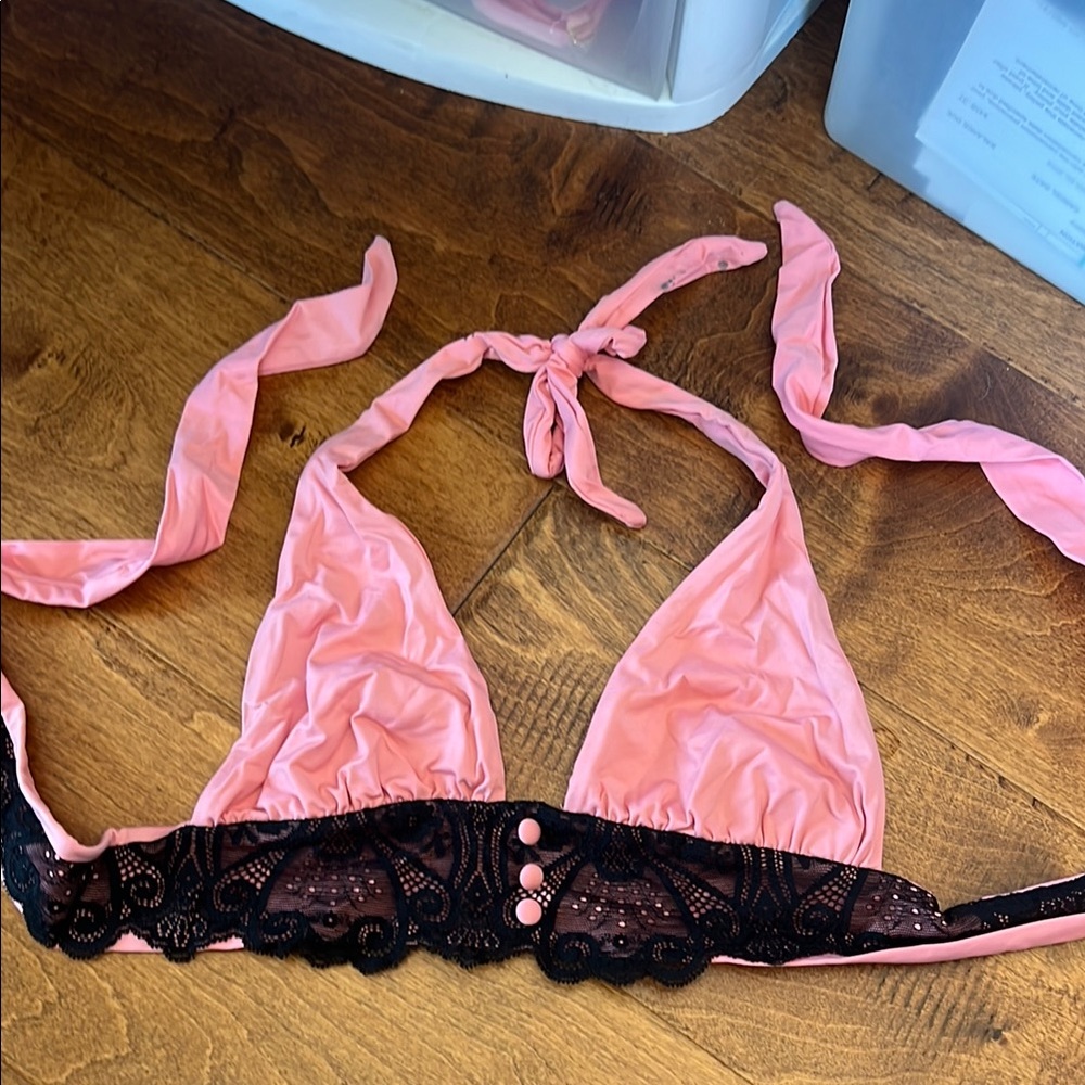 Beach Bunny Pink and Black Lace Bikini with Ribbon Straps